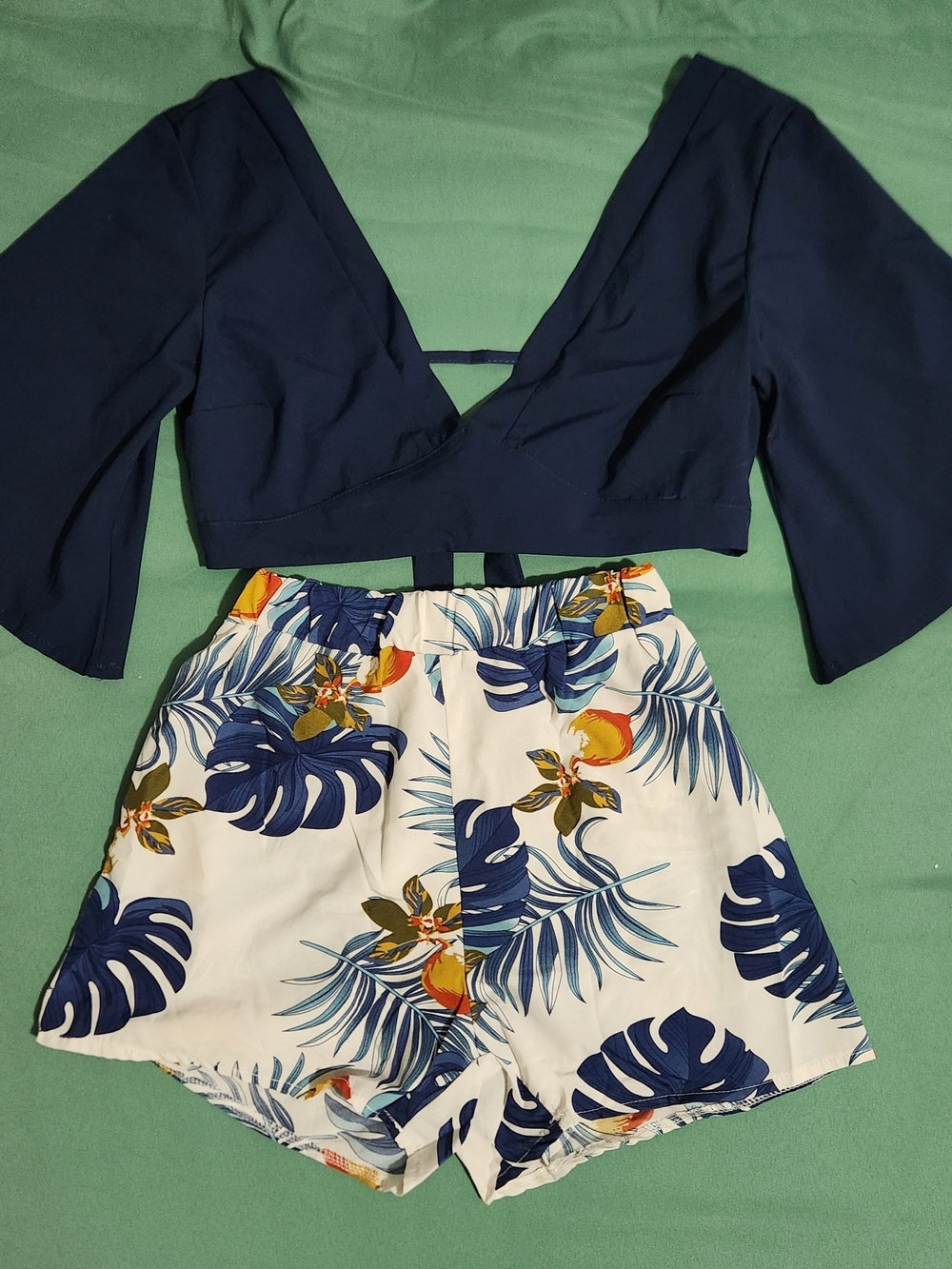 SHEIN Navy V-Neck Long-Sleeve Crop Top with Tropical Print Shorts Set